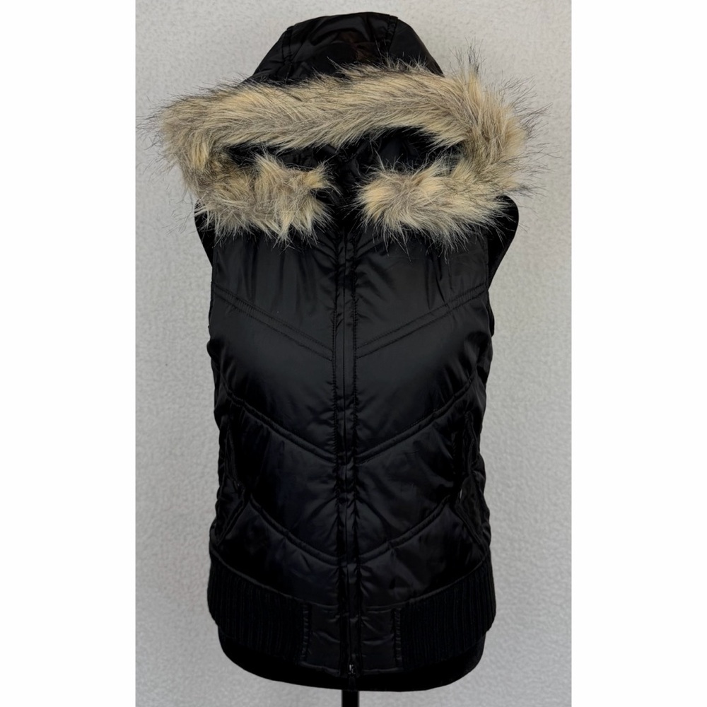 (VTG) FOREVER 21 • Black/Tan Y2K Quilted Zip-Up Vest w/ Faux Fur Trimmed Hood, S - Picture 11 of 15